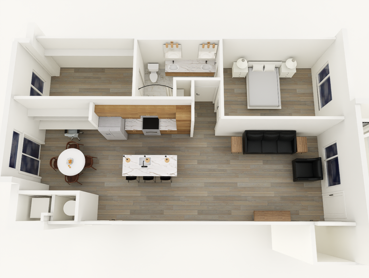 1 bedroom/ 1 bath floorplan layout for urban edge