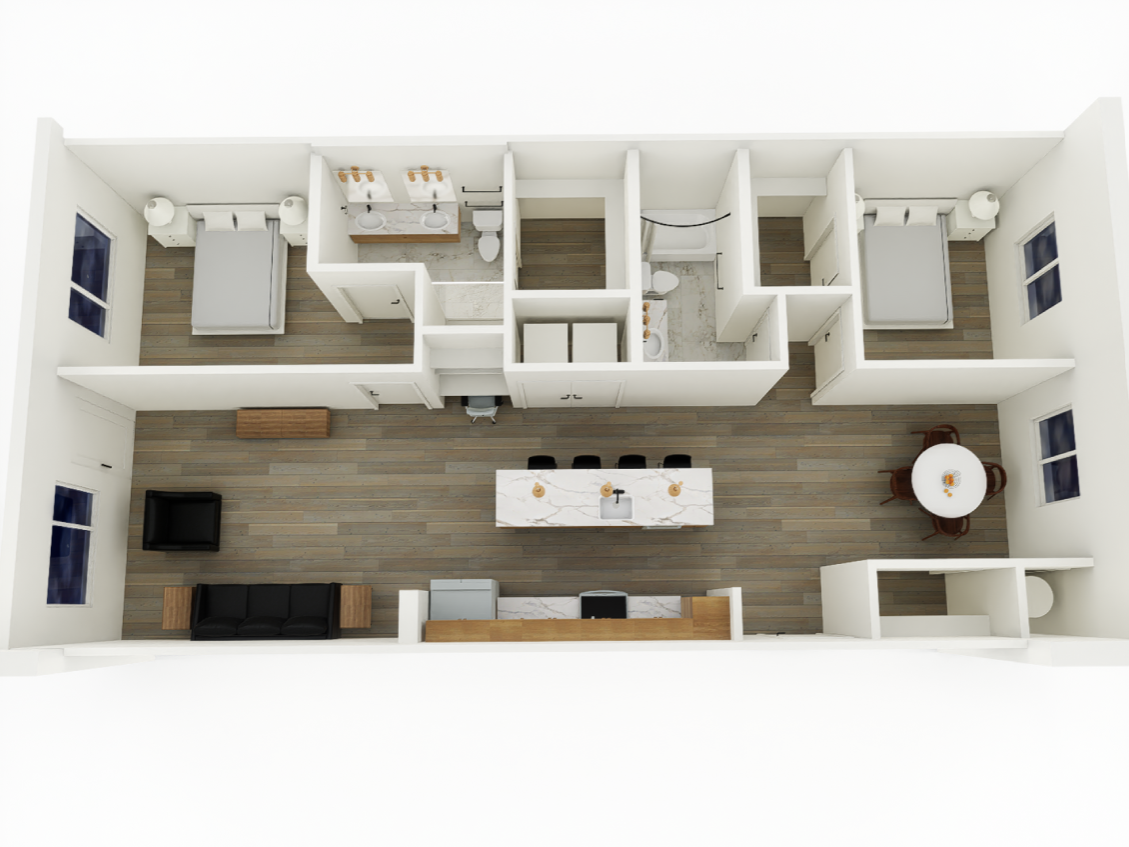 2 bedroom/ 2 bath floorplan layout for urban edge
