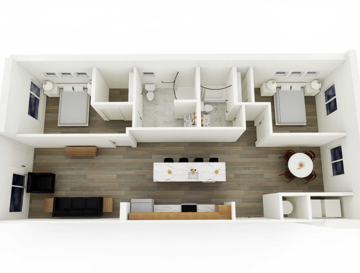 2 bedroom/ 2 bath floorplan layout for urban edge