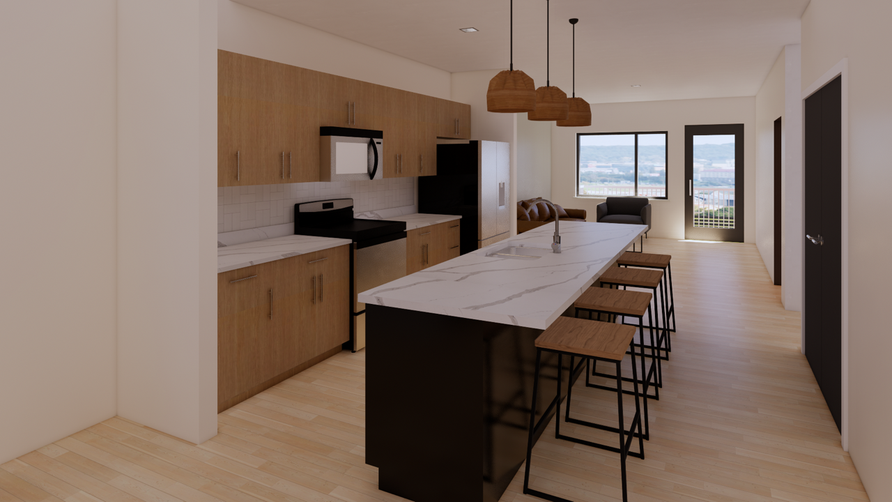 apartment kitchen with tan cabinets and white backsplash